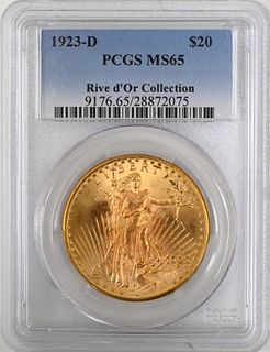 1923 D PCGS MS 65 Twenty Dollar Gold Saint Gaudens, from the Rive d'Or Collection