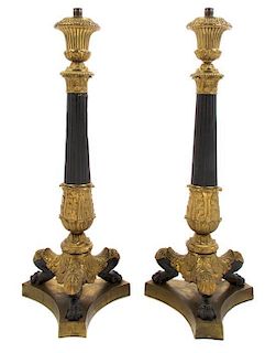 A Pair of Neoclassical Style Gilt and Patinated Bronze Lamps, Height overall 31 inches.