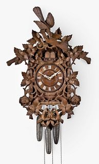 Black Forest cuckoo and quail wall clock with romantic hand carved case