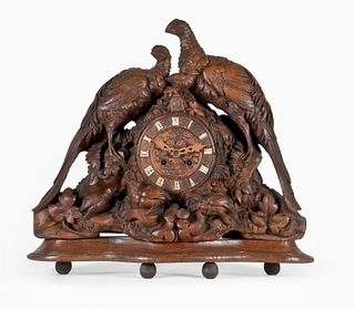 Black Forest shelf cuckoo clock with hand carved pheasant scene