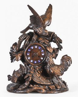 Black Forest mantel clock depicting a hen, rooster and a bird of prey