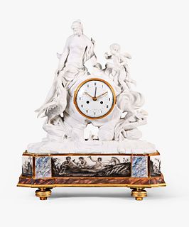 A fine large French mantel clock with biscuit porcelain figural group featuring Leda and the Swan