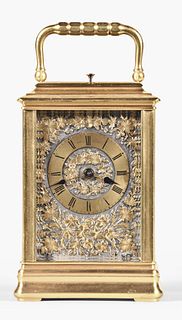 An unusual decorative late 19th century French hour repeating carriage clock by Brunelot