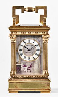 A late 19th century Anglais mignonette #1 carriage clock with polychrome porcelain panels
