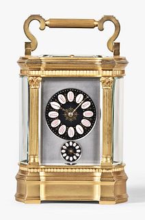 An attractive late 19th century hour repeating French carriage clock with Limoges dial