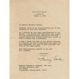 President Jimmy Carter TLS to General Matthew Ridgway