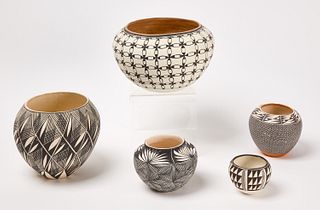 Five Black and White Native American Pots