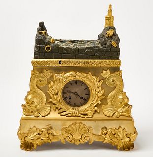 Gilded Brass Clock with Moving Waves and Ship