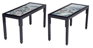 Pair of Chinese Black Lacquer and Polychrome Porcelain Plaque Tables