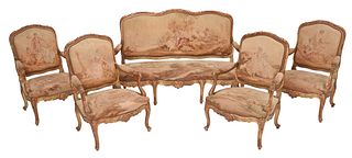 Louis XV Style Carved Giltwood Tapestry Upholstered Five Piece Salon Suite
