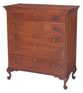 New Hampshire Queen Anne Salmon Painted Maple Chest of Five Drawers