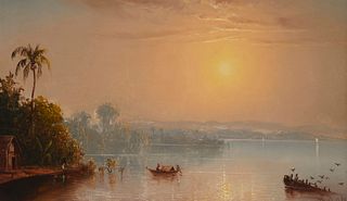 Norton Bush (1834-1894), "Aspinwall Bay," 1879, Oil on canvas laid to canvas, 12" H x 20" W