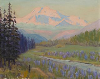 Jeanne Laurence (1887-1980),"Mount McKinley, Alaska - Lupin in Foreground," 1924, Oil on canvas board, 8" H x 10" W