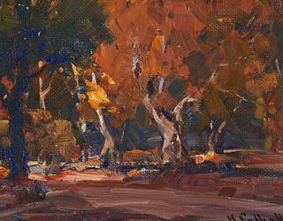 Hanson Duvall Puthuff (1875-1972), "Grove in Autumn," Oil on Masonite, 8" H x 10" W