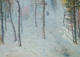 John Joseph Enneking (1841-1916), "Snow Scene New England," Oil on canvas laid to canvas, 18" H x 24" W