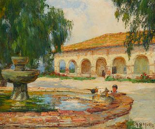 Anna Althea Hills (1882-1930), "Mission San Juan Capistrano," Oil on canvas laid to a synthetic fabric support, 20" H x 24" W