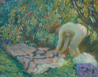 Attributed to Lawton Silas Parker (1868-1954), "Study for Preparing for the Bath III, " Oil on paperboard, Sight: 6.25" H x 8.25" W