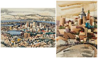 June Felter (1919-2019), View of Oakland (two views), Watercolor on double-sided paper, Sight of recto: 22" H x 30" W; Sight of verso: 28" H x 20.75" 