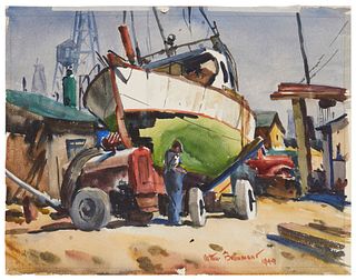 Arthur Beaumont (1890-1978), "Long Beach Shipyards," 1944, Watercolor on paper, Image/Sheet: 15.125" H x 19.125" W