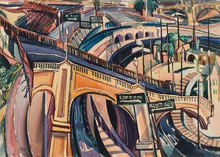 Edward Reep (1918-2013), "Building the Hollywood Freeway," 1955, Watercolor on heavy wove paper, 21.625" H x 29.75" W