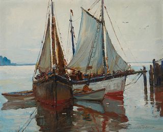 Anthony Thieme (1888-1954), "Drying Sails," Oil on canvas, 30" H x 36" W