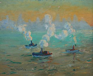 Van Dearing Perrine (1869-1955), "Tug Boats," Oil on canvas laid to canvas, 22" H x 26" W