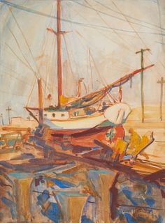 Emil Kosa, Jr. (1903-1968), Sailboat in drydock, 1932, Watercolor on paper, Sight: 19.5" H x 14.25" W; Sheet: 20" H x 14.75" W