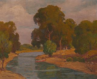 Dana Bartlett (1882-1957), A docked boat along a river, Oil on waxed canvas, 20" H x 24" W