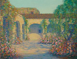 John William Bentley (1880-1951), Mission courtyard with flowers, oil on canvas, 24" H x 30" W