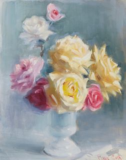 Marie Goth (1887-1975), Still life of pink and yellow roses, Oil on canvas laid to board, Sight: 19.75" H x 15.75" W