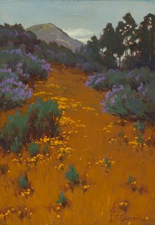 John Marshall Gamble (1863-1957), Wildflowers in a landscape, Oil on canvas laid to artist board, 14" H x 10" W