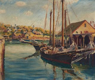 Max Kuehne (1880-1968), Harbor scene, Oil on canvas, 20" H x 24" W