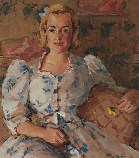 Clarence Hinkle (1880-1960), Portrait of a woman in a floral dress, Oil on artist board, 30" H x 26" W