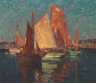 Edgar Alwin Payne (1883-1947), "Fishing Boats West Coast of France," Oil on canvas, 24" H x 28" W