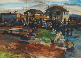 Maurice Logan (1886-1977), "Waterfront - Man Bending Down Near Shack," circa 1940, Watercolor and gouache on paper, Image/Sheet: 22" H x 30" W