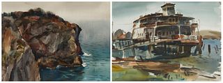 Maurice Logan (1886-1997), Seaside cliff; and "Once a Queen," circa 1930; Watercolor on double-sided paper; Sight of recto: 20" H x 27.5" W; Sight of 
