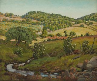 Ben Foster (1852-1926), Hilly landscape with a cozy cottage, Oil on canvas, 25.5" H x 30.5" W
