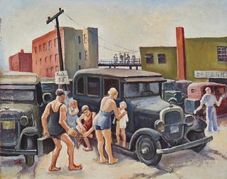 Daniel Ralph Celantano (1902-1980), "Long Beach," Oil on artist board, 8" H x 10" W