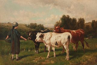 Henry Bispham (1841-1882), Young girl feeding cows, 1880, Oil on canvas, 24" H x 36.5" W