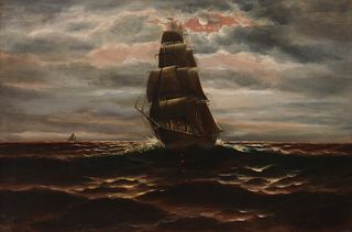 Mauritz Frederik Hendrick De Haas (1831-1895), Nocturnal with barque at full sail, Oil on canvas, 20" H x 30" W