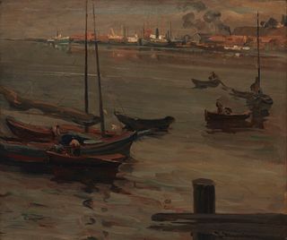 Jean Mannheim (1863-1945), Boats in a harbor, Oil on canvas laid to board, 20" H x 24" W