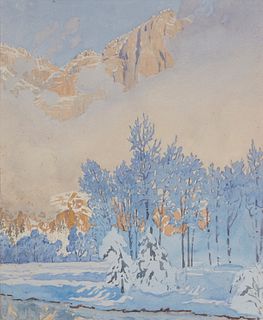 Gunnar Widforss (1879-1934), "Yosemite in Winter," Watercolor on paper, Sheet: 16" H x 13" W