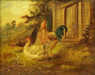 TAIT, Arthur. Oil on Canvas. Roosters and Chickens