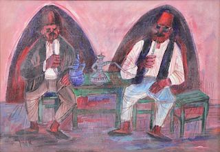 LUBIN, Arieh. Oil on Panel. "Hookah Smokers".