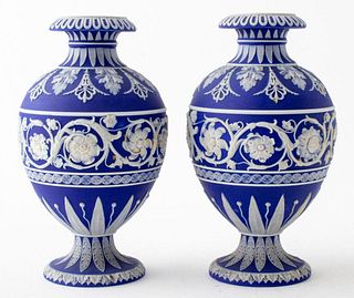 Antique Wedgwood Blue Jasperware Urns, Pair