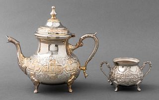 Moroccan Parcel Gilt Silver Teapot & Sugar Bowl
