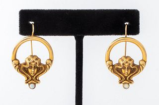 14K Yellow Gold & Opal Art Noveau Style Earrings