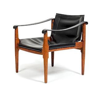 A Brown-Saltman Teak Safari Chair, Height 27 x width 25 x depth 24 inches.