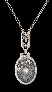 Art Deco 14K Camphor Glass & Diamond Necklace