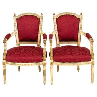 Louis XVI Style Gold & White Painted Arm Chairs, 2